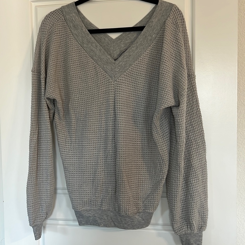 V Neck Long Sleeve Waffle Knit Top Off Shoulder sweater